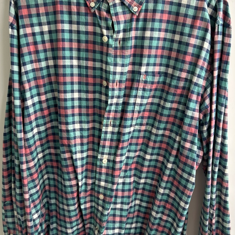 Izod Men's Blue and Pink Plaid Button Down Shirt